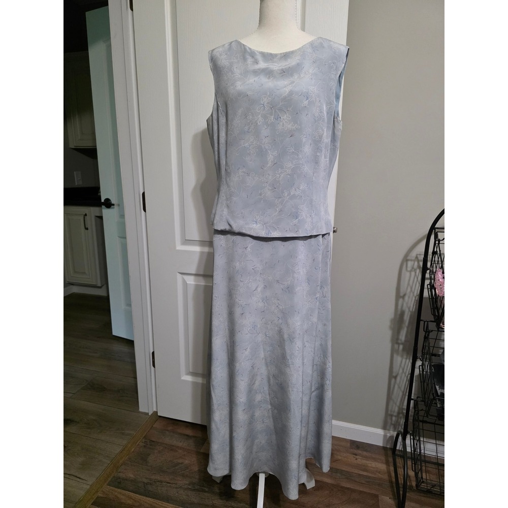 Rena Rowan Blue Floral 100% Silk Skirt Set Women 12 Sleeveless Top Maxi Skirt